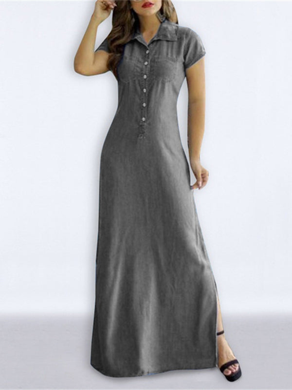 Buttoned Pockets Split-side High Waisted Plus Size Lapel Maxi Dresses