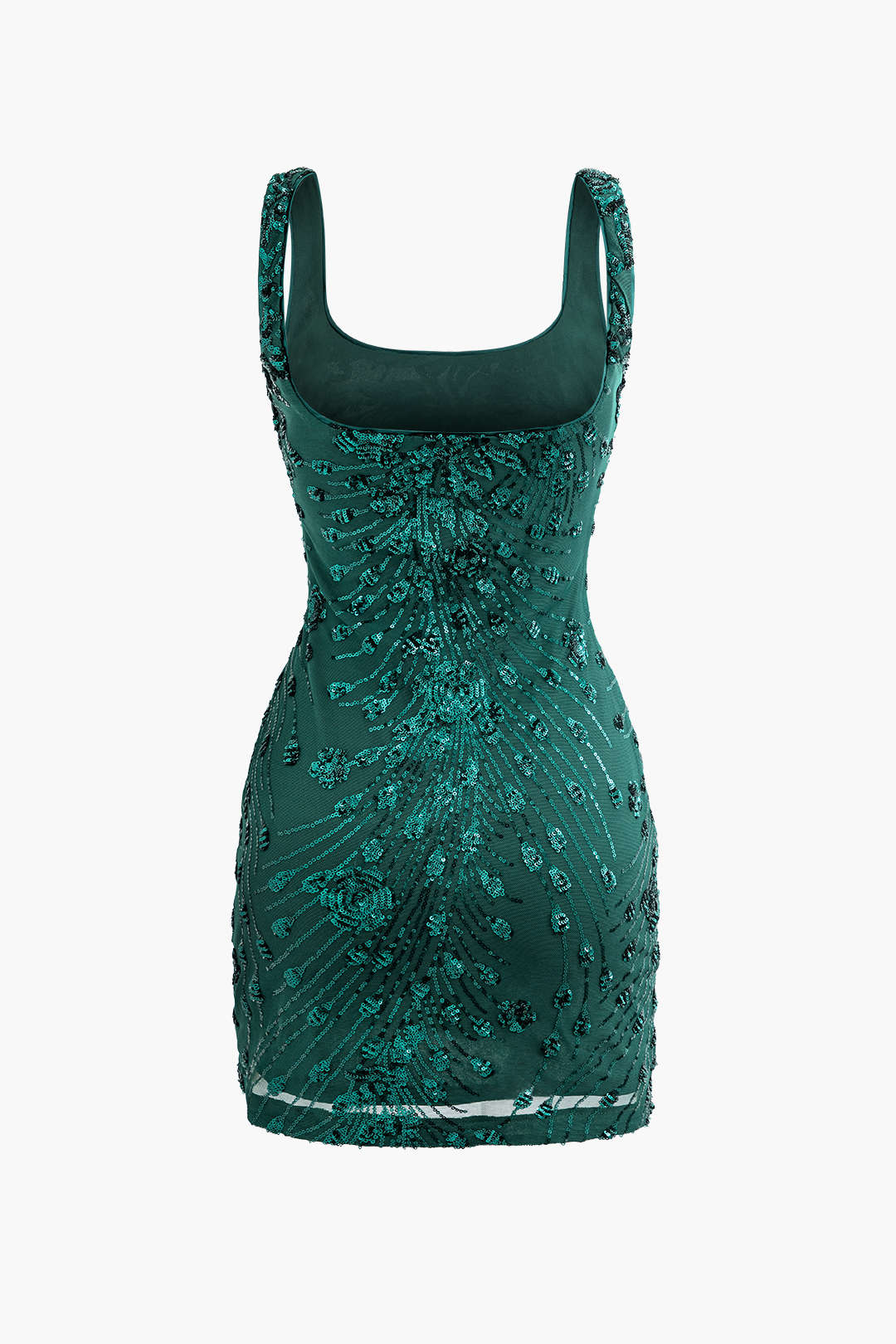 Paillettenverziertes Minikleid aus Netzstoff mit quadratischem Ausschnitt und Schlitz 