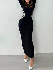 Long Sleeves Skinny Contrast Color Round-Neck Maxi Dresses