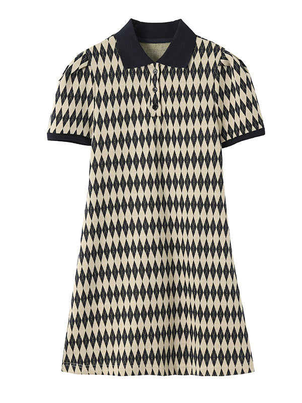 Original Plaid Knitting Lapel Collar Short Sleeves Mini Dress
