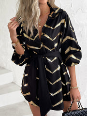 Buttoned Elasticity Striped Tied Waist Long Sleeves Loose Lapel Shirt Dress Mini Dresses