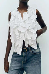 Ruffle Button Up Sleeveless Shirt