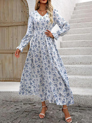Elasticity Floral Printed Long Sleeves Loose V-neck Maxi Dresses