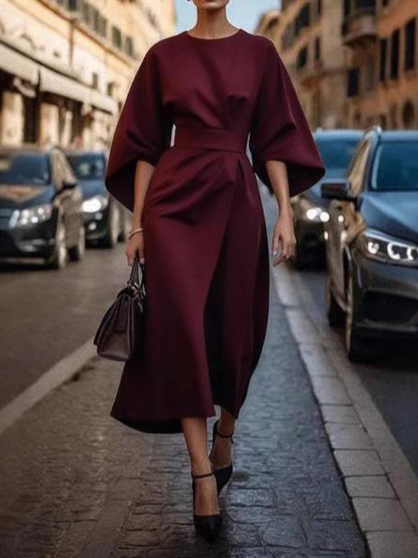 Pleated Solid Color Split-Joint Loose Puff Sleeves Round-neck Midi Dresses
