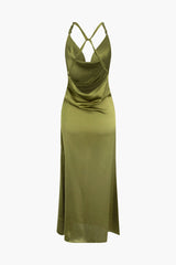 Cowl Neck Satin Cross Back Maxi Dress