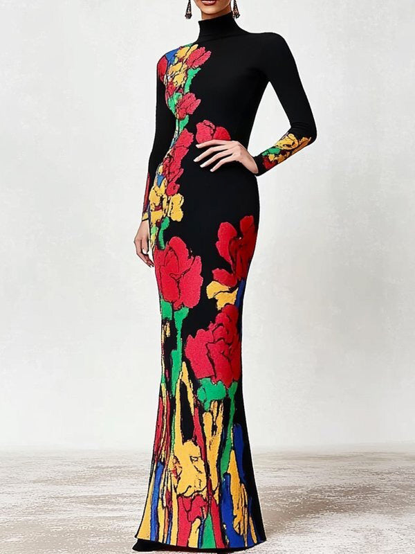 Skinny Flower Print Multi-Colored High Neck Maxi Dresses