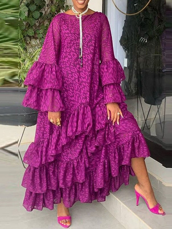 Flared Sleeves Loose Falbala Solid Color Round-Neck Maxi Dresses