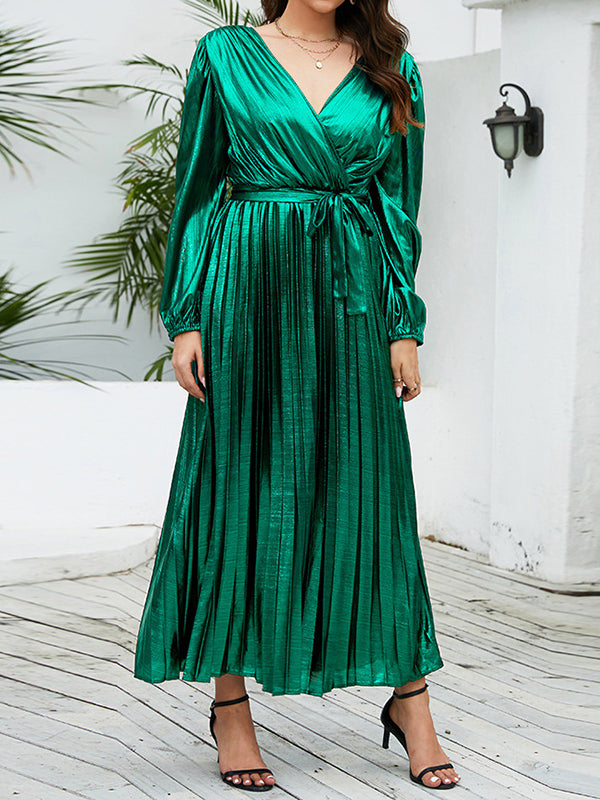 High Waisted Long Sleeves Bronzing Elasticity Pleated Solid Color Tied Waist Deep V-Neck Maxi Dresses