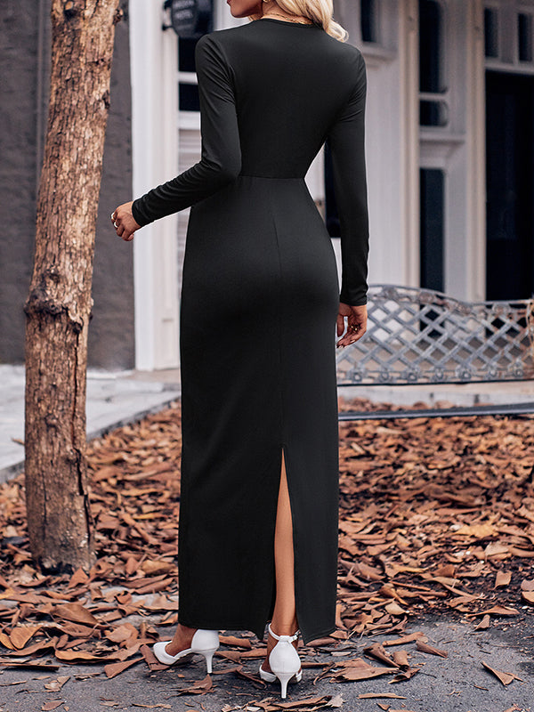Bodycon Long Sleeves Bowknot Solid Color V-neck Maxi Dresses