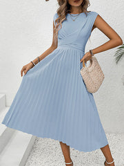 Elasticity Pleated Solid Color Split-Joint Tied Waist Loose Raglan Sleeve Round-neck Midi Dresses