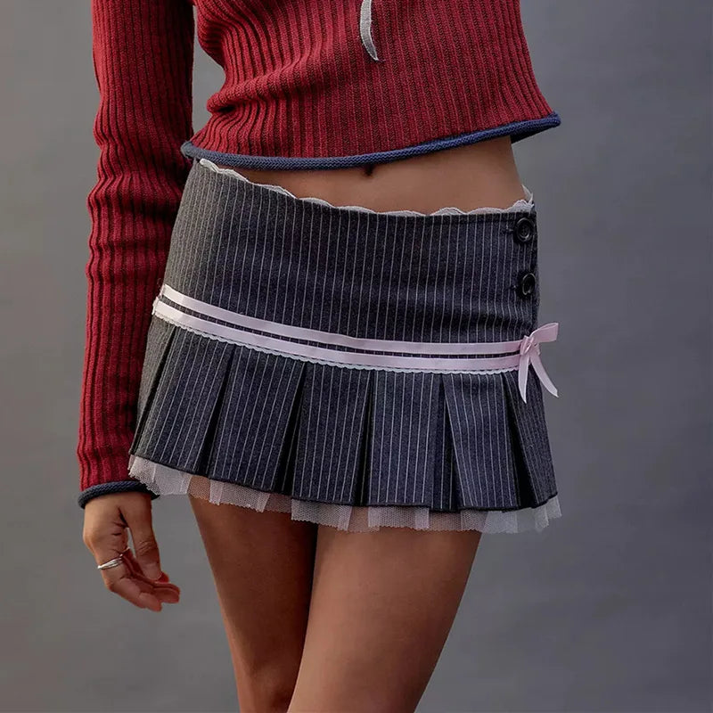 Lace Splice Miniröcke für Frauen Bogen Bandage Mode Falten Rock Hot Girls Winter Casual Lace-up High Waist Rock LadiesChristmas Geschenke 