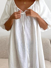 Lace-Up Pleated See-Through Solid Color Loose Puff Sleeves V-Neck Sleep Dress Mini Dresses