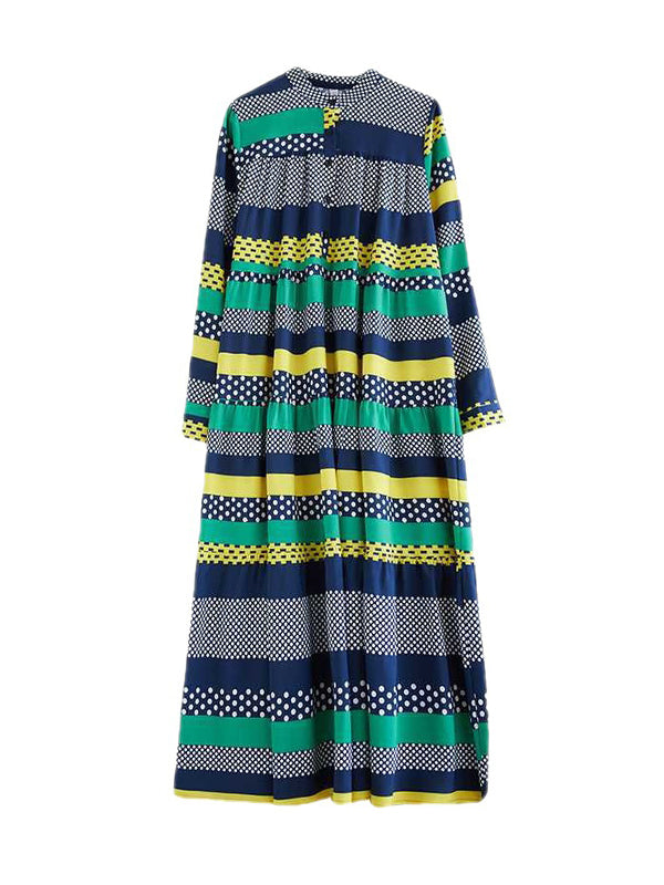 Buttoned Polka-Dot Split-Joint A-Line Long Sleeves Round-Neck Midi Dresses