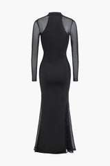 Sheer Mesh Patchwork Mock Neck Long Sleeve Maxi Dress