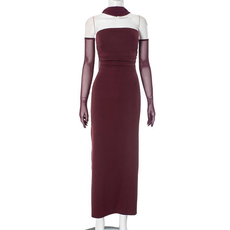 Elegant Tube Top Long Dress Female With Gloves Halter Neck Ribbon Three Pieces Sexy Backless Bodycon Gown Dresses WomanChristmas Gifts