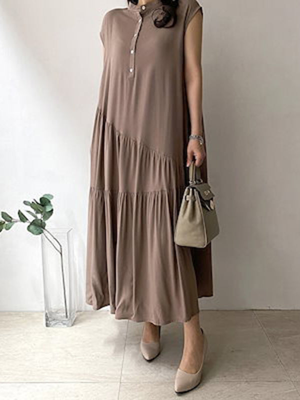 Buttoned Pleated Ruffled Solid Color Split-Joint Tiered A-Line Loose Stand Collar Midi Dresses