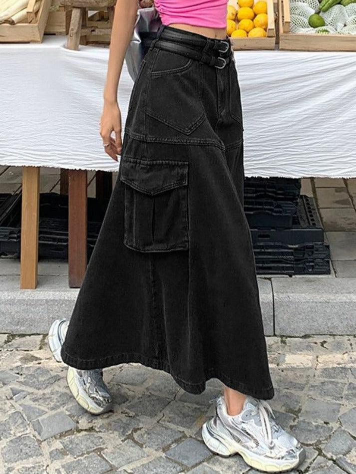 Ifomat Cargo Double Waist Denim Maxi Skirt