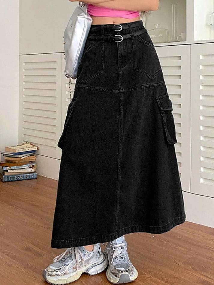 Ifomat Cargo Double Waist Denim Maxi Skirt