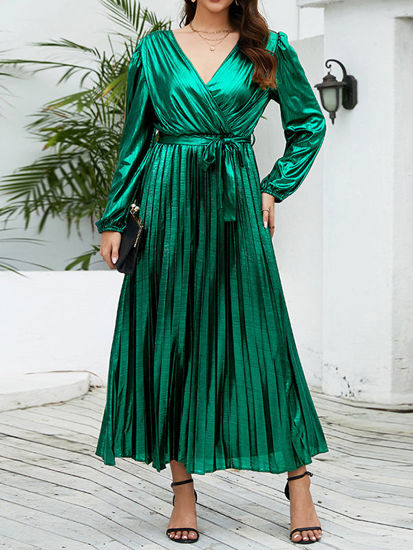 High Waisted Long Sleeves Bronzing Elasticity Pleated Solid Color Tied Waist Deep V-Neck Maxi Dresses