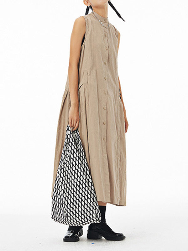 Pleated Solid Color Loose Sleeveless Stand Collar Shirt Dress Midi Dresses