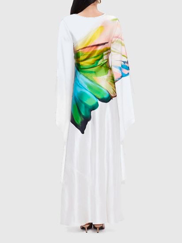 Floral Printed Long Sleeves Loose Round-neck Maxi Dresses