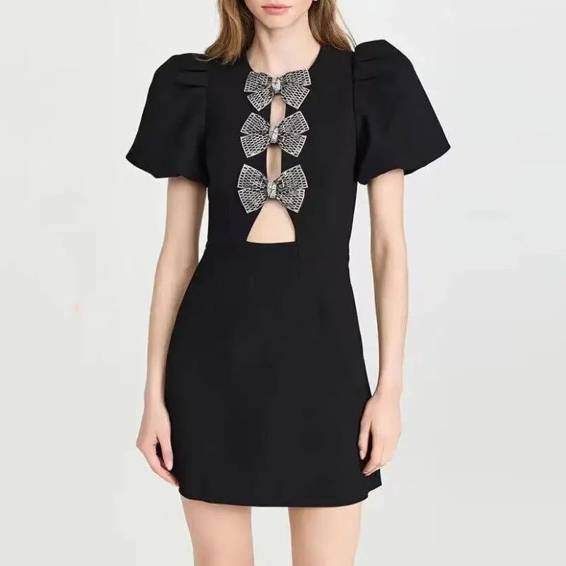 Hollow Out Bow Dress For Women Street Y2k O Neck Bodycon Dresses Female Party Elegant Sexy Slim Evening Dress Ladies 2025Christmas Gifts