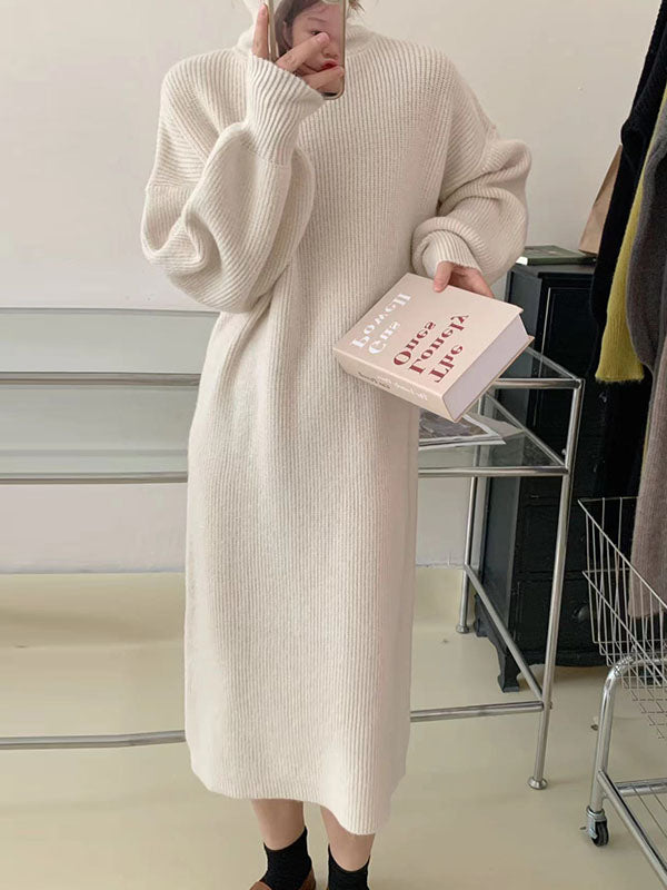 Solid Color Long Sleeves Loose High Neck Sweater Dresses Midi Dresses