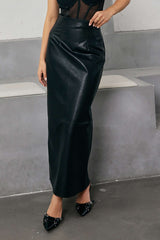 Faux Leather High Waist Split Midi Skirt