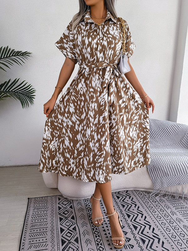 Loose Short Sleeves Leopard Ribbed Lapel Midi Dresses