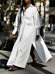 Buttoned Pockets Solid Color Long Sleeves Loose Lapel Shirt Dress Maxi Dresses