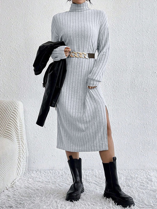 Long Sleeves Loose No Belt Solid Color Split-Side High Neck Midi Dresses