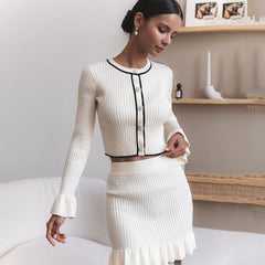 Strickrock-Set Damen Elegant O-Ausschnitt Langarm Cardigan Top Schlank Retro Kurz A-Linien-Rock Strick-Rüschenrock-Set 