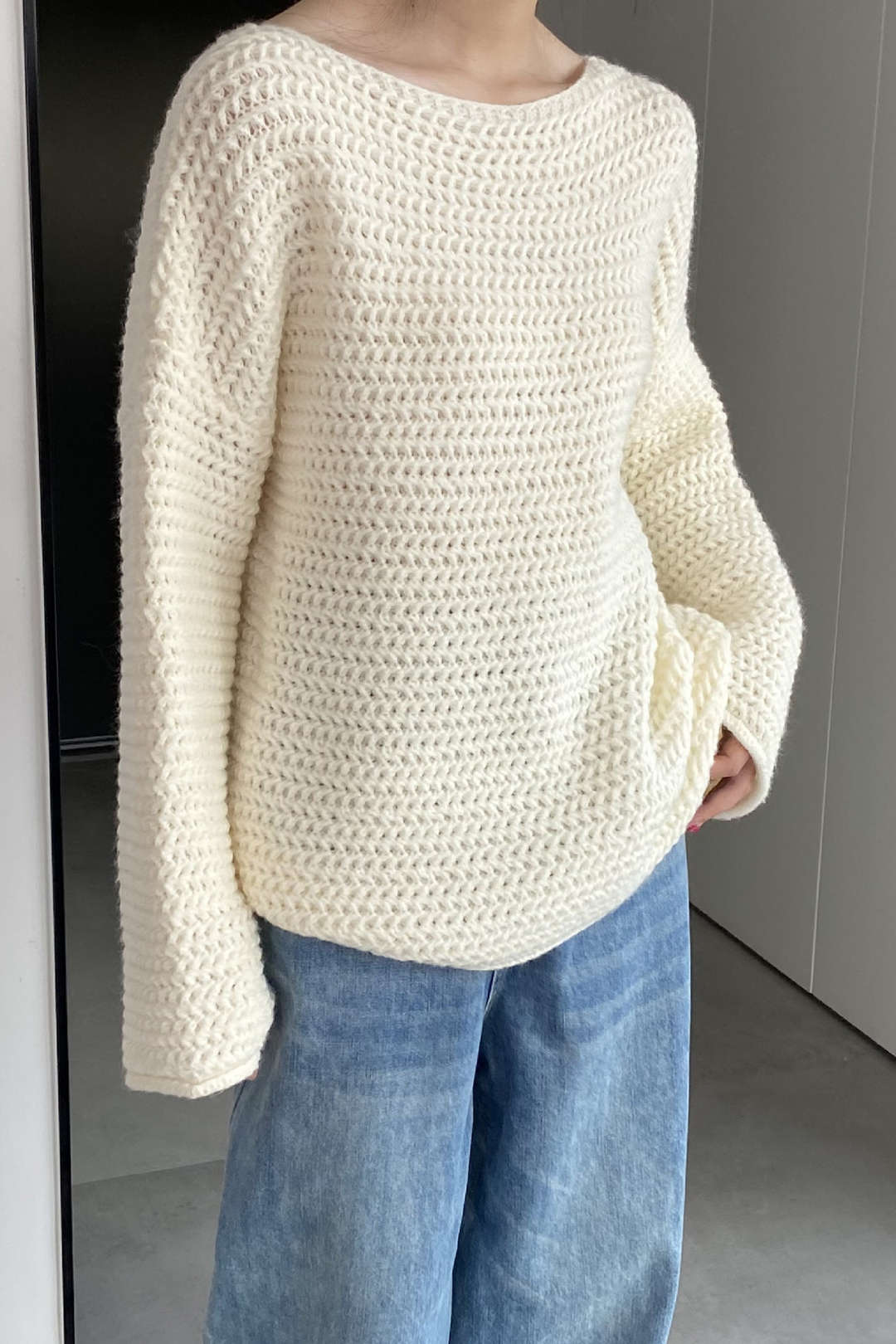 Boat Neck Long Sleeve Open Knit Sweater