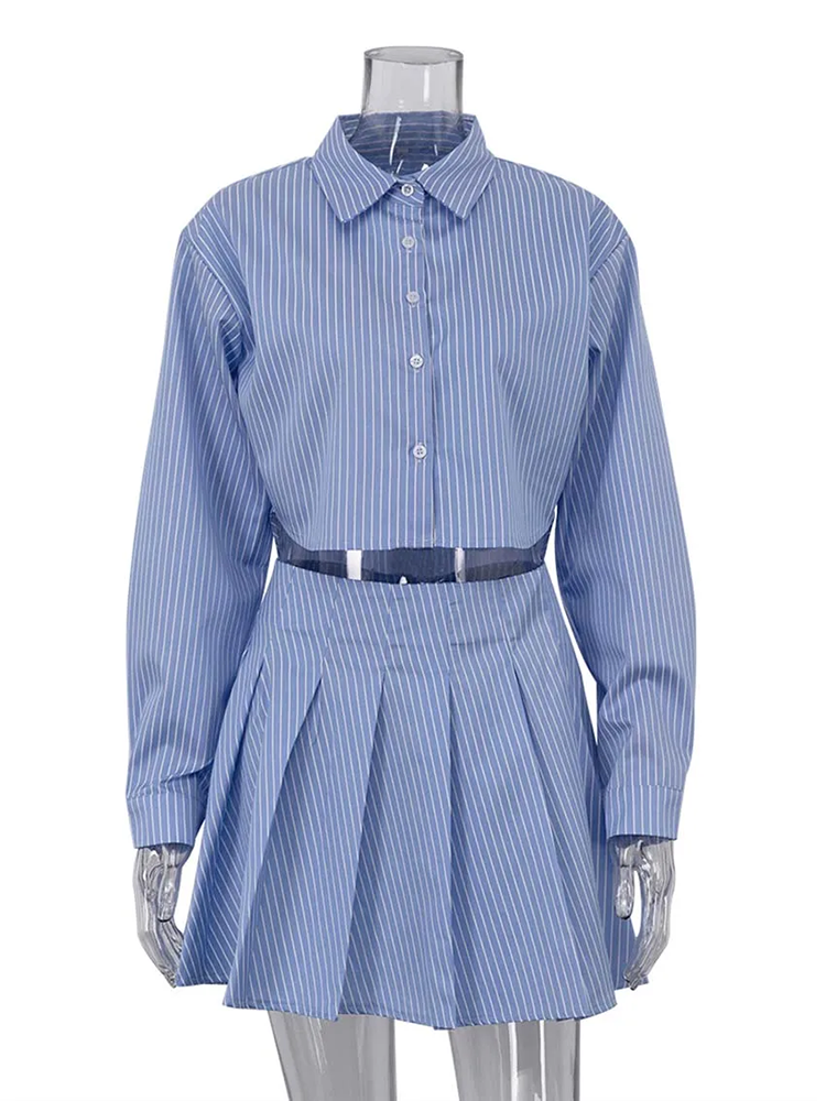Modischer Anzug mit blauem Streifenmuster für Damen, elegante Langarm-Crop-Tops mit Knopfleiste und Faltenröcke mit hoher Taille, 2-teiliges Set, Weihnachtsgeschenke 