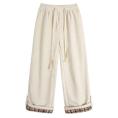 Cord Wide-Leg Pants with Plaid Cuffs