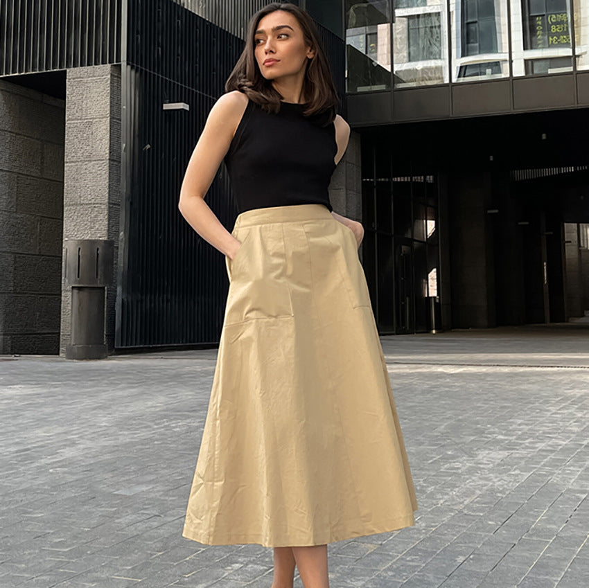 Fashion High Waist Solid Color Skirt Women's Summer Autumn Casual Elegant Long Skirt Loose Slim Pocket Commuting Skirt