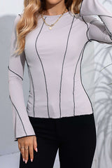 Round Neck Stitching Flare Sleeve Top