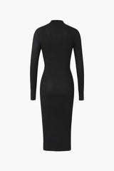 Long Sleeve Cut Out Front Twist Rib Knit Midi Dress