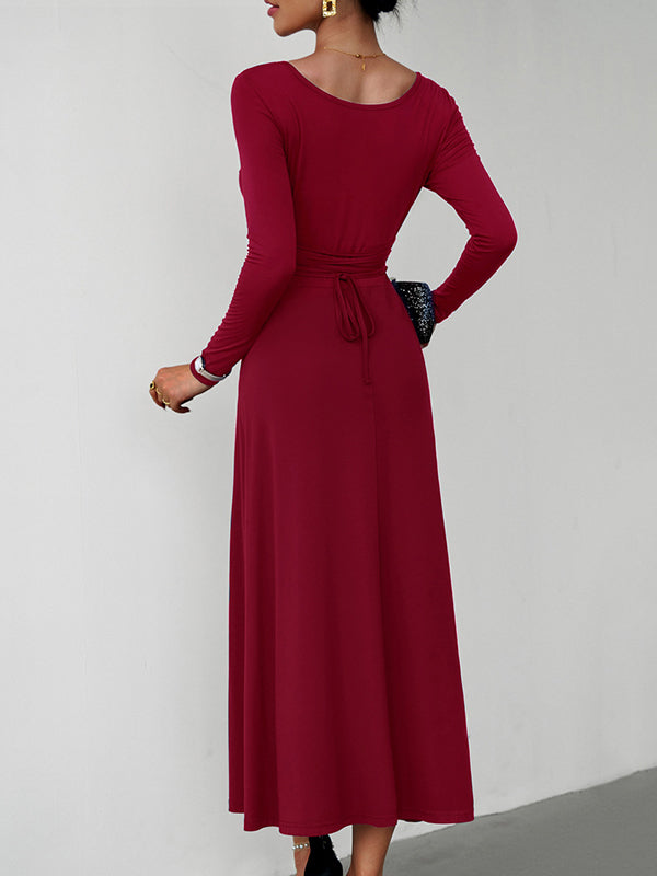 A-Line High Waisted Solid Color Tied Waist U-Neck Midi Dresses