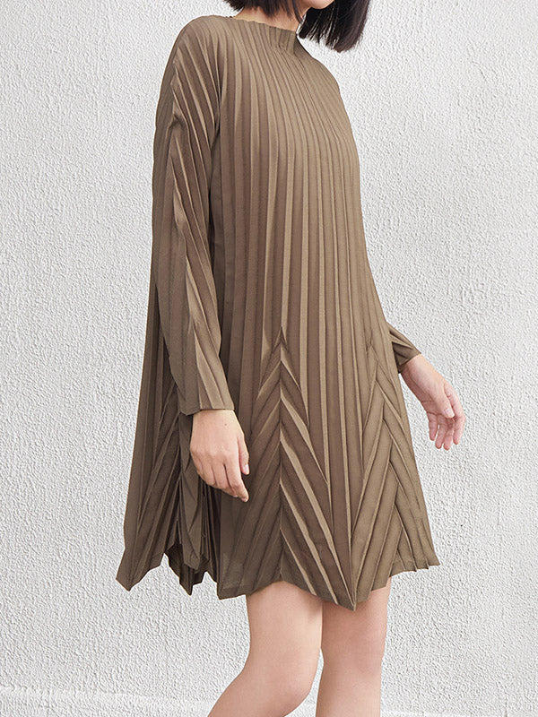 A-Line Long Sleeves Pleated Solid Color Round-Neck Mini Dresses