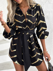 Buttoned Elasticity Striped Tied Waist Long Sleeves Loose Lapel Shirt Dress Mini Dresses