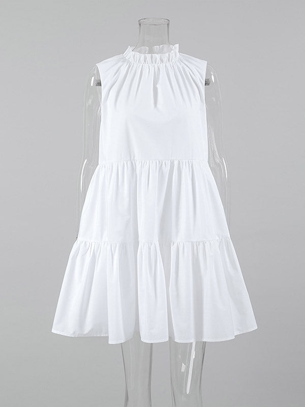 Pleated Ruffled Solid Color Split-Joint A-Line Loose Round-Neck Shirt Dress Mini Dresses