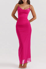 Maxikleid mit Spitzen-Netzstoff, gerüschtem Schlitz 