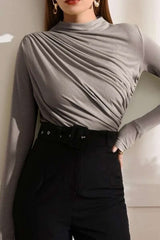 Solid Mock Neck Ruched Long Sleeve Top