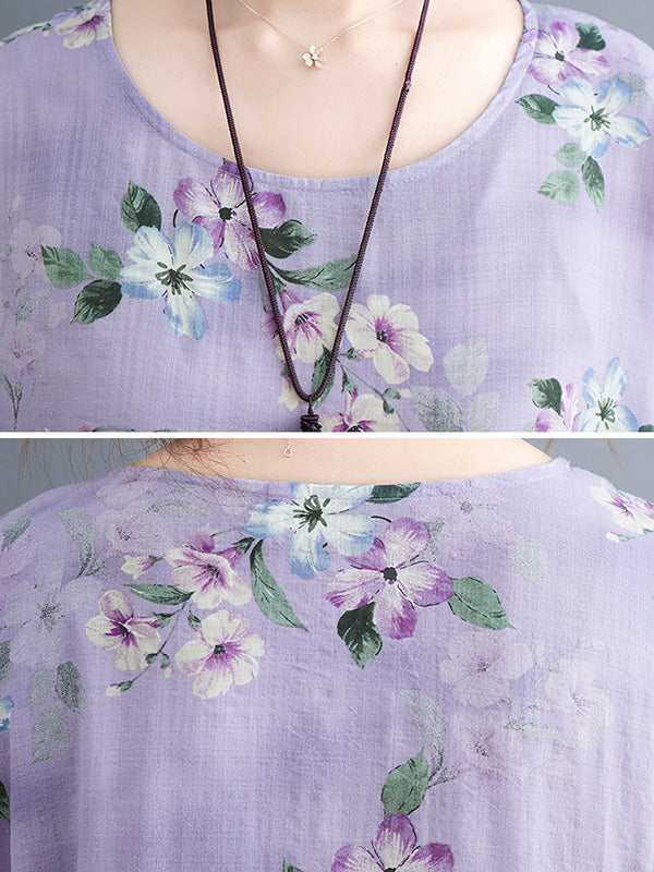 Vacation Short Sleeves Loose Floral Printed Round-Neck Midi Dresses