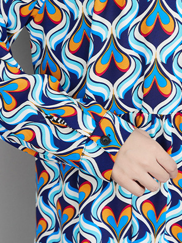 Vintage Long Sleeves Loose Buttoned Contrast Color Printed Stand Collar Midi Dresses