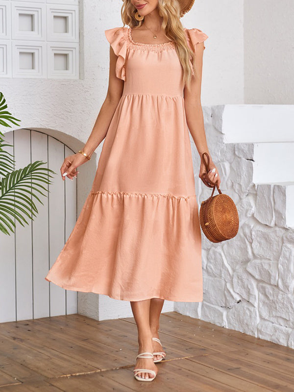 A-Line Loose Elasticity Pleated Ruffled Solid Color Split-Joint Off-The-Shoulder Midi Dresses