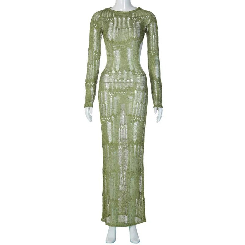 See Through Backless Sexy Dress For Women Summer Hollow Out Kintted Maxi Dresses Femme Club Fashion Solid Vestido WomanChristmas Gifts