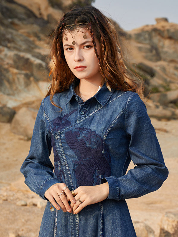 Vintage Bohemia Embroidered A-Line Dress Denim Midi Dress
