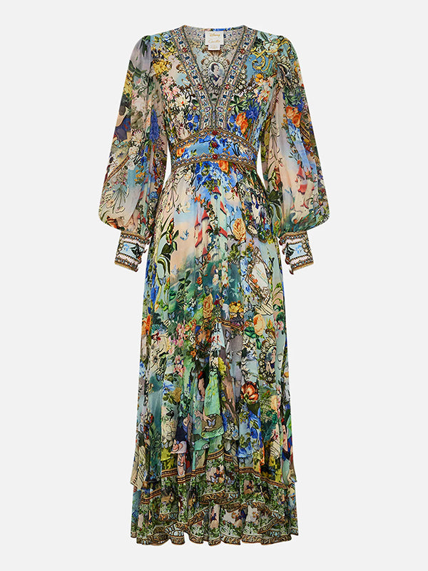 Floral Printed Long Sleeves Ruffled Elegant Maxi Dresses